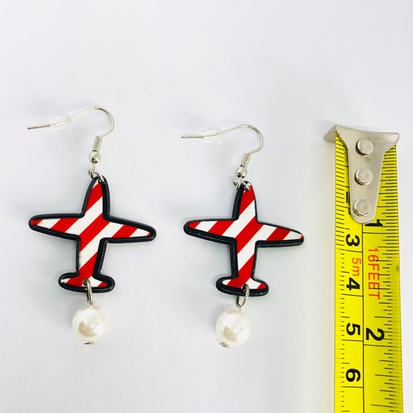 New! Red & White Striped Airplane Dangle Earrings - Picture 3 of 3